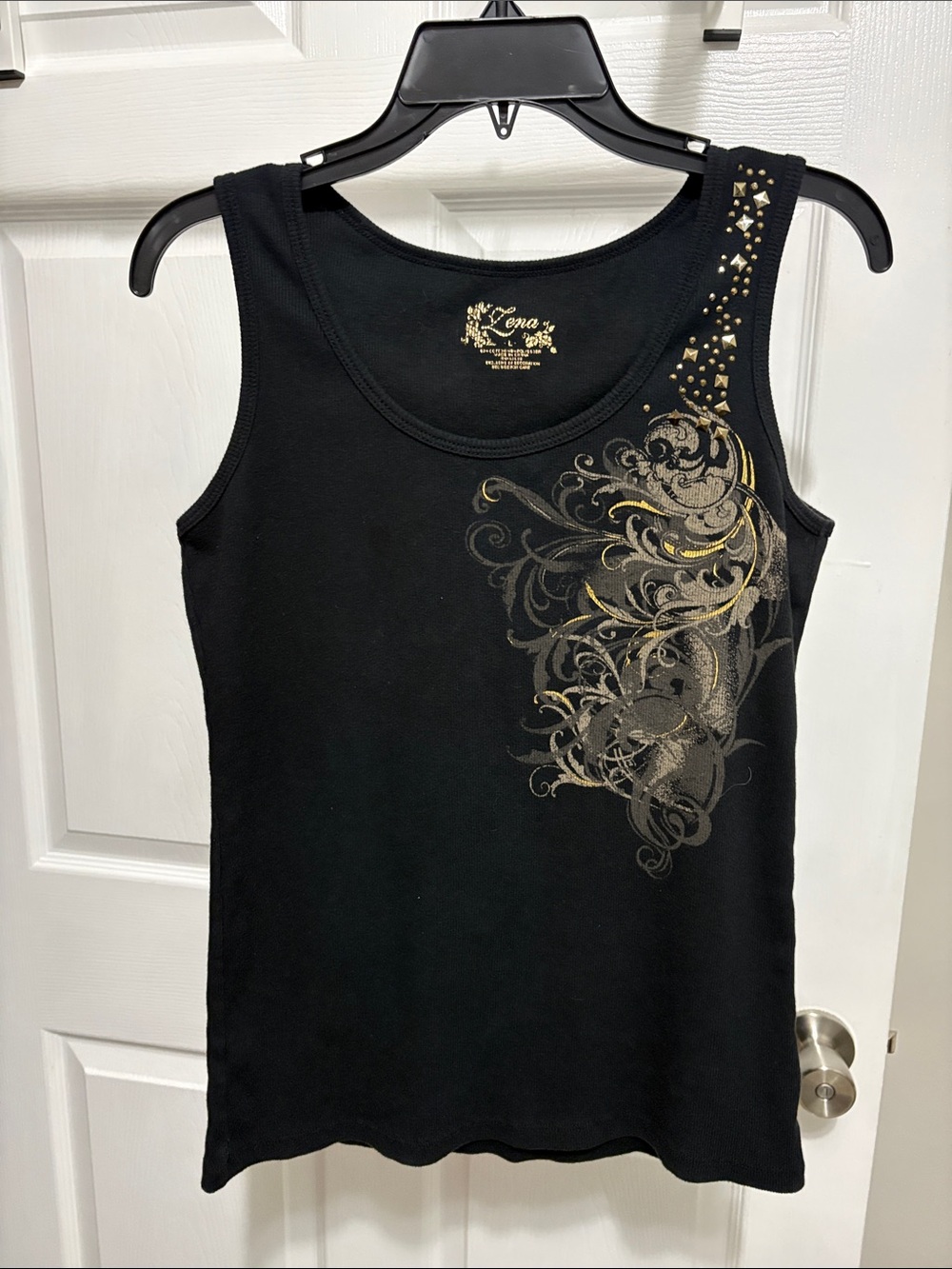 Lena Black Tank with Gold Scroll and Stud Accents